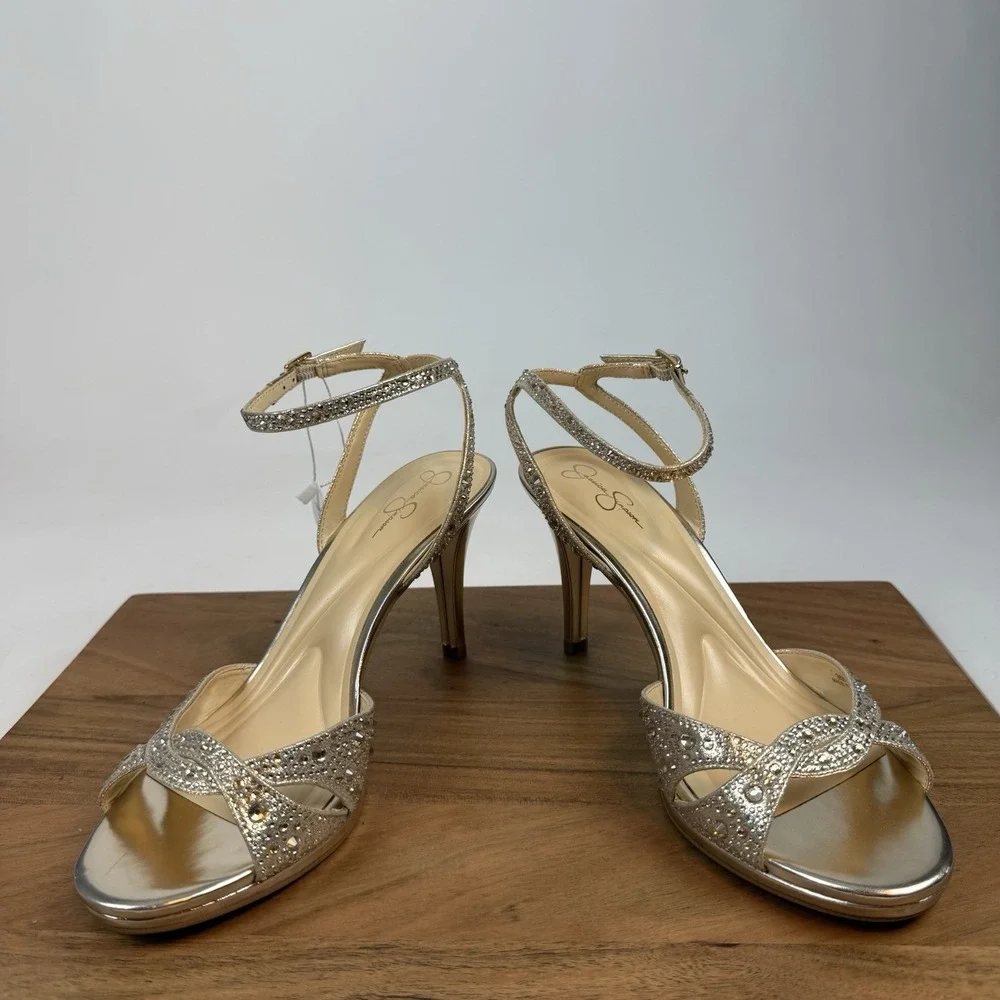New Womens Jessica‎ Simpson Jarilyn Gold Rhinestone Heel Sandals Size 9 M